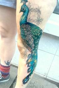 Leg illustration style colorful big peacock tattoo pattern