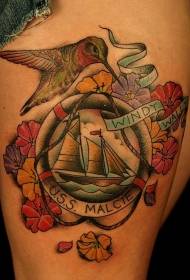 Colorful sailboat and bird tattoo in retro style