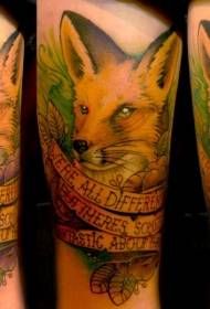 Leg color realistic fox with letter tattoo pattern