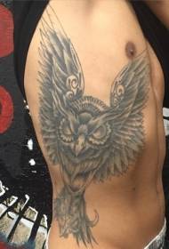 Waist side black gray ink owl tattoo picture