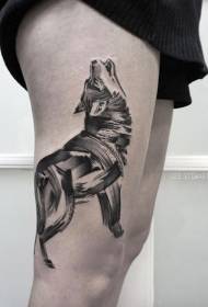 Thigh sketch style black ink wolf tattoo pattern