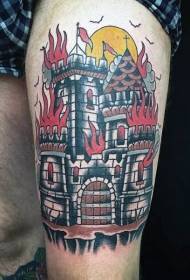 Thigh old school vintage colorful castle fire tattoo pattern