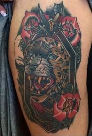 Retrato de cor leopardo, coxa e patrón de tatuaxe de flores