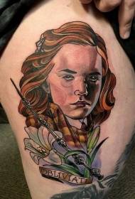 Dij old school kleur Hermione portret toverstaf en letter tattoo patroon
