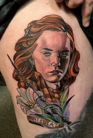 Thigh old school color Hermione portrait magic wand and letter tattoo pattern