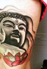 Thigh black and white lotus statue of Buddha statue tattoo