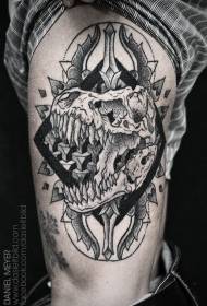 Thigh old school black na mahiwaga dinosaur skull geometric na pattern ng tattoo