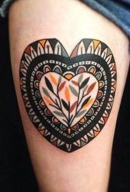 Leg color heart shape with tribal ornament tattoo pattern