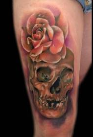 Cráneo de color realista de muslo y patrón de tatuaje de rosa