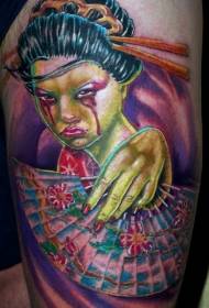 Thigh colorful crying zombie geisha tattoo pattern