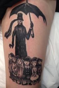 大腿卡通骷髅雨伞和小朋友纹身图案