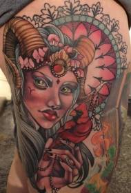 Old school thigh colorful devil woman with bird tattoo pattern