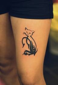 Black tribal style cat thigh tattoo pattern