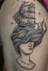 Lår svart linje sticker mystisk kvinna med segling tatuering mönster