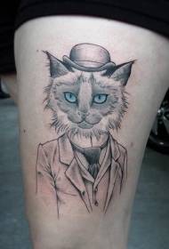 Patrón de tatuaje de color de gato de caballero de dibujos animados de muslo