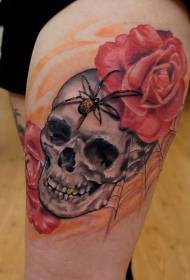 Kojos spalvos žmogaus kaukolė ir voras derinami su tatuiruotės modeliu