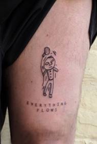男生大腿上黑灰点刺简单线条英文和卡通人物纹身图片