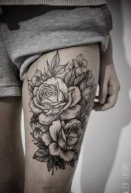 Thigh sexy black and white rose tattoo pattern