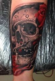 Legs realistic sugar skull with red rose tattoo pattern