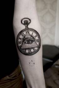 手臂黑色和白色時鐘與眼睛紋身圖案