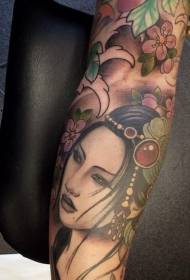 Arm kleurige Aziatyske frou en bloem tatoet patroan