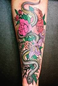 Old style arm flower snake tattoo pattern