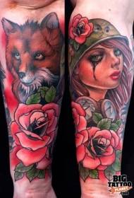 Arm new style colorful women portrait with fox tattoo pattern