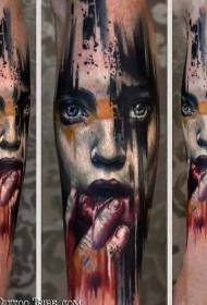 Arm realistic color scary bloody woman tattoo pattern