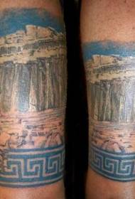 Arm colored greek ruin landscape tattoo pattern