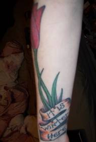 Weiblech Arm faarweg Tulpen mat engem Band Tattoo Bild