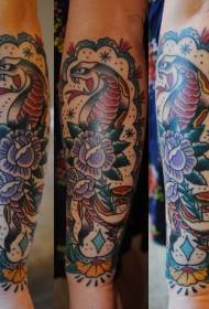 Arm colored old snake with purple rose tattoo pattern