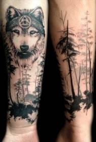 Arm mysterious wolf with forest tattoo pattern