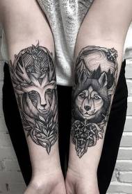 рука гравіювання стиль чорний олень і вовк голова рослина татуювання візерунок