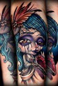 Un patrón de tatuaxe de bruxa bonita de cores pequenas e patrón de cadaleito