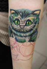 Small-armed pouting cat with teacup and cake tattoo pattern