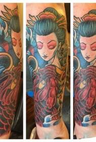 Arm beautiful colorful asian woman with squid tattoo pattern