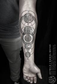 Arm planet and geometric symbol sting tattoo pattern