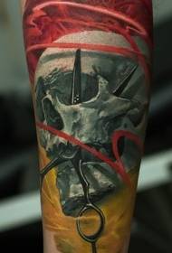Arm color realistic skull scissors tattoo pattern