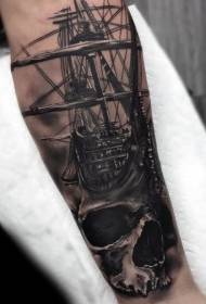 Arm realistic style colorful sailboat with skull tattoo