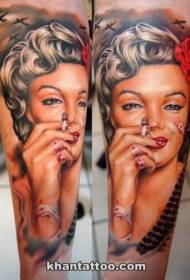 Arm colored injured smoking woman portrait tattoo pattern