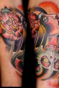 Arm new style color mysterious woman with skull tattoo