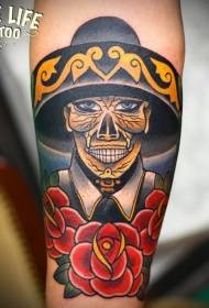 Arm color mexican skull with rose tattoo pattern