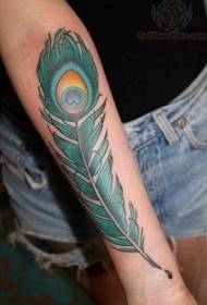 Girl's arm color peacock feather tattoo pattern