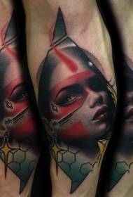 Arm new style colorful tribal woman portrait tattoo