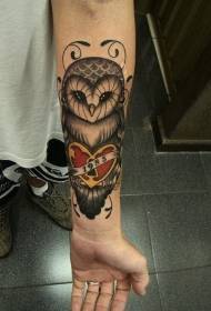 Female arm colored owl holding love tattoo pattern