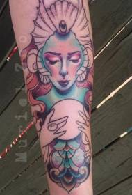 Arm color magical mermaid and magic ball tattoo pattern