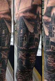 Rankų siaubo šaltas namas su kapinių tatuiruotės modeliu