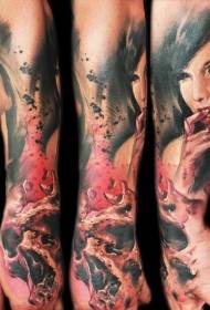 arm beautiful girl and skull color tattoo pattern
