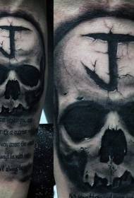 Arm black gray skull with letter tattoo pattern