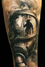 Arm realistic style colorful band gas mask person tattoo